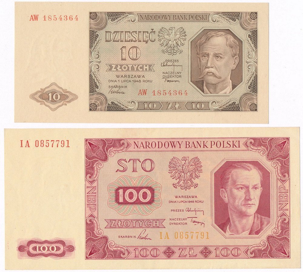 Banknoty. Zestaw 10 złotych 1948 seria AW i 100 złotych 1948 seria IA